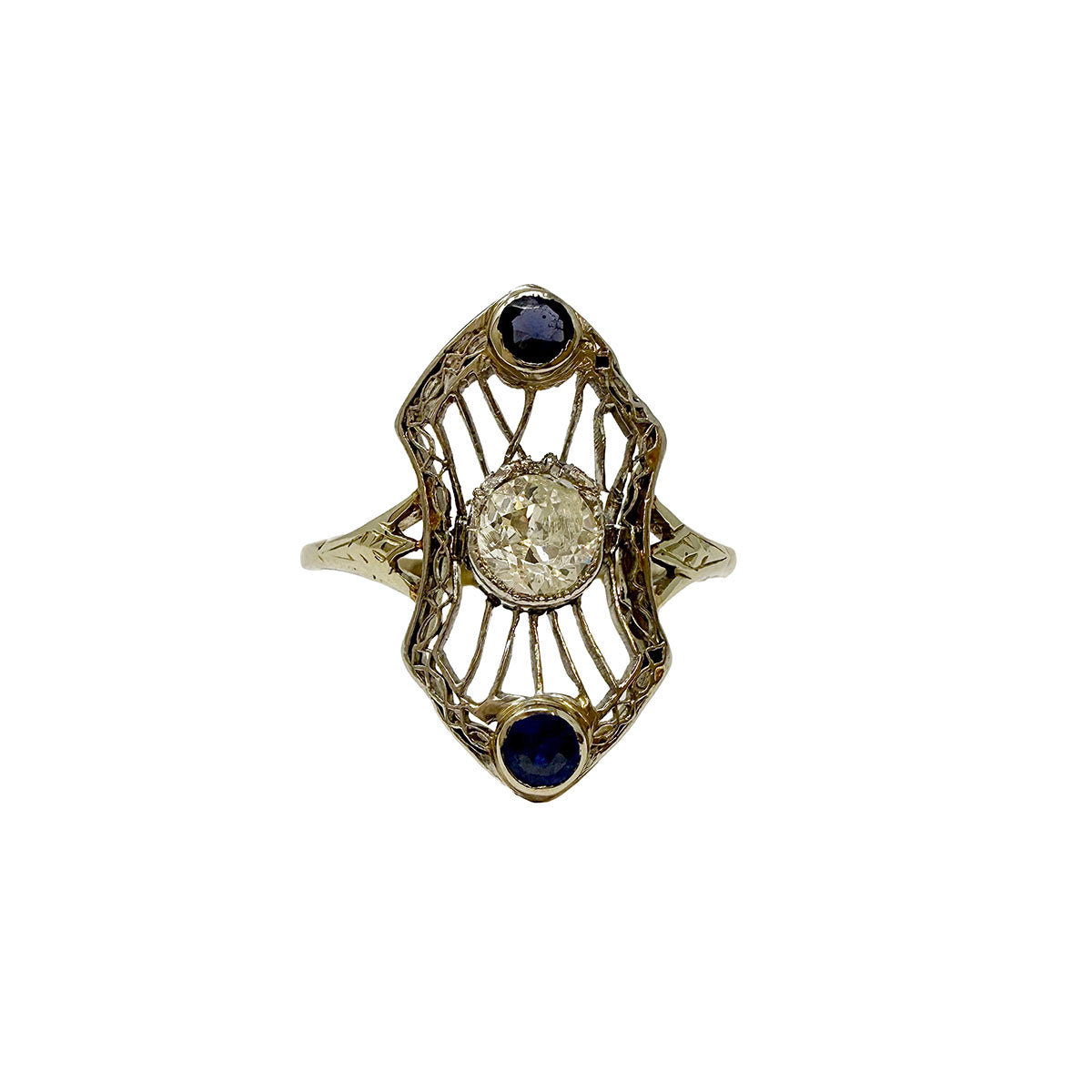 Antique 14K White Gold Ring with Diamond and Sapphire