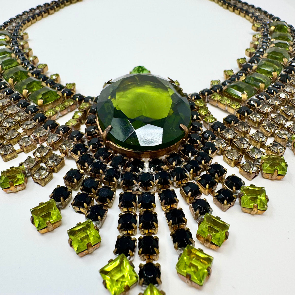 Egyptian Revival Green Crystal and Rhinestone Bib Necklace
