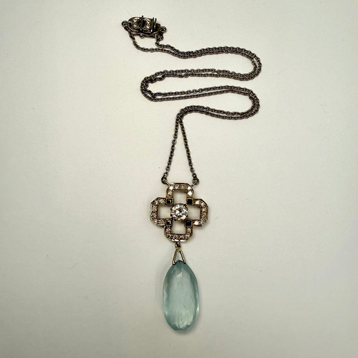 Vintage 18K White Gold 16" Necklace with Oval Aquamarine and Diamond Pendant