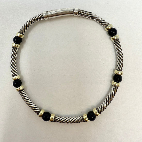 David Yurman Sterling Silver and 14K Gold  Onyx Hampton Cable Bracelet