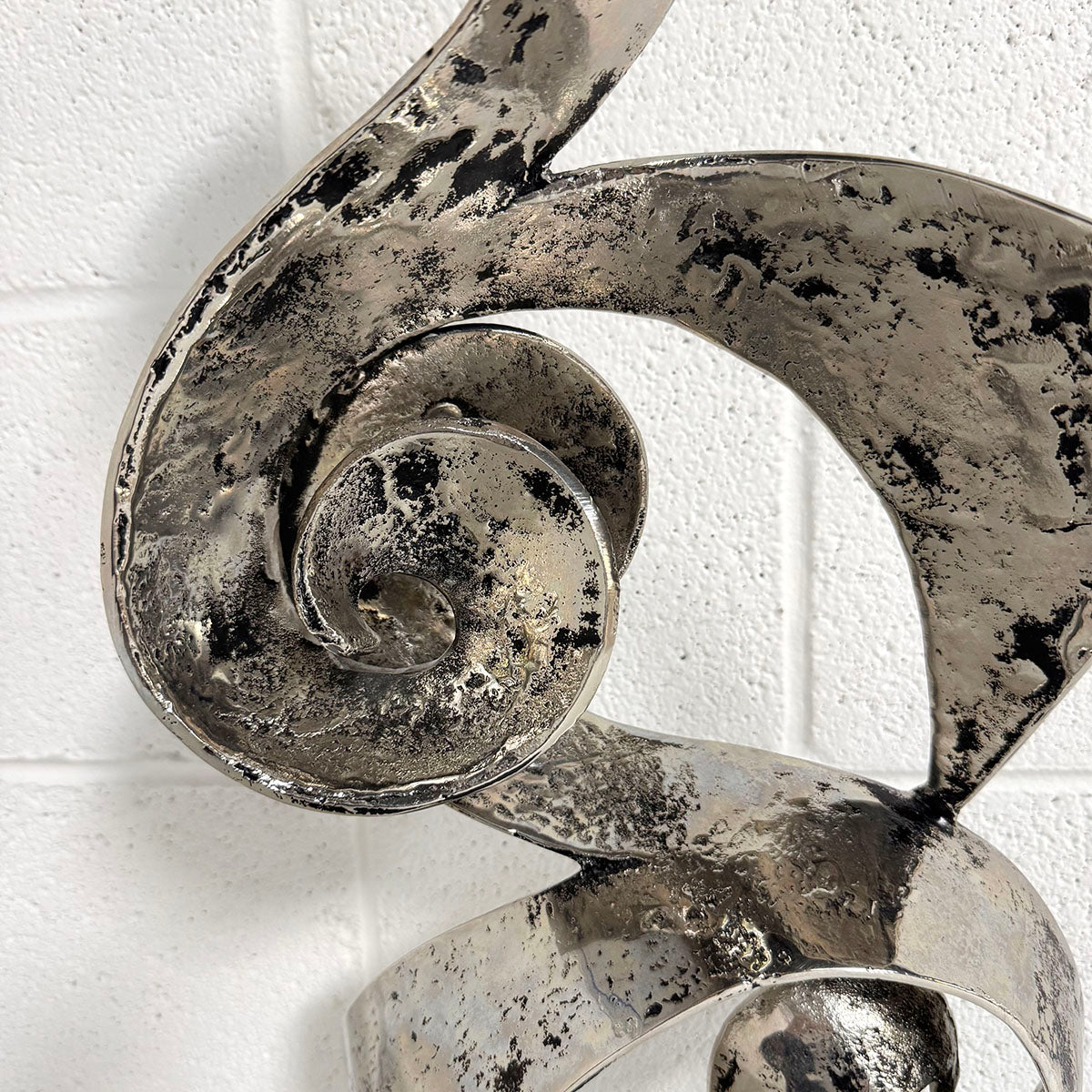 Abstract Brutalist Metal Ribbon Sculpture on base