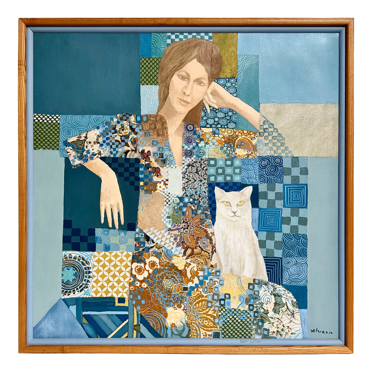 Framed Oil Painting "La Gata Blanca" Signed Alvaro