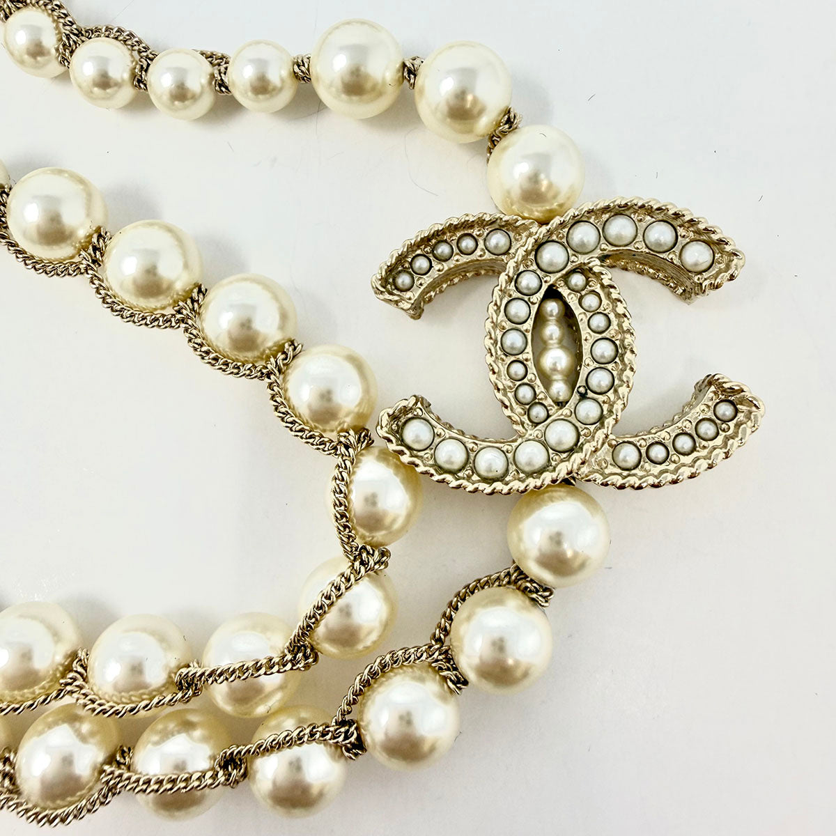 Chanel Long Faux Pearl Necklace with CC Charm
