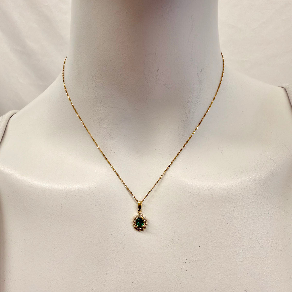 14K Gold Necklace with Emerald and Diamond Pendant