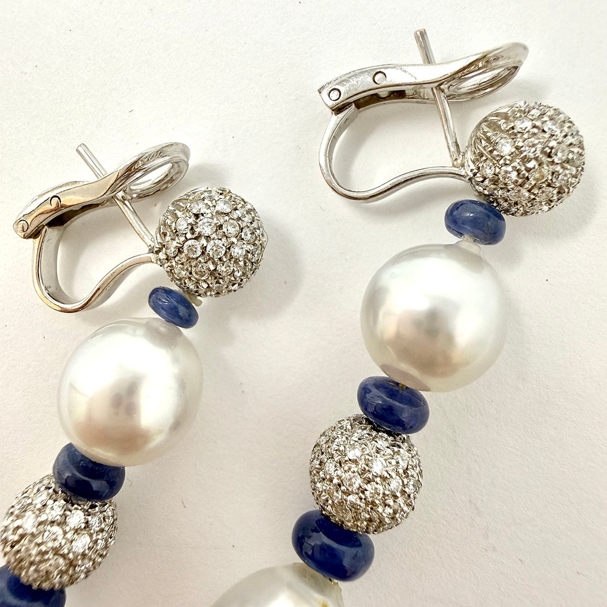 18K White Gold Drop Earrings with 2 Diamond Balls and 2 South Sea Cultured Pearl
