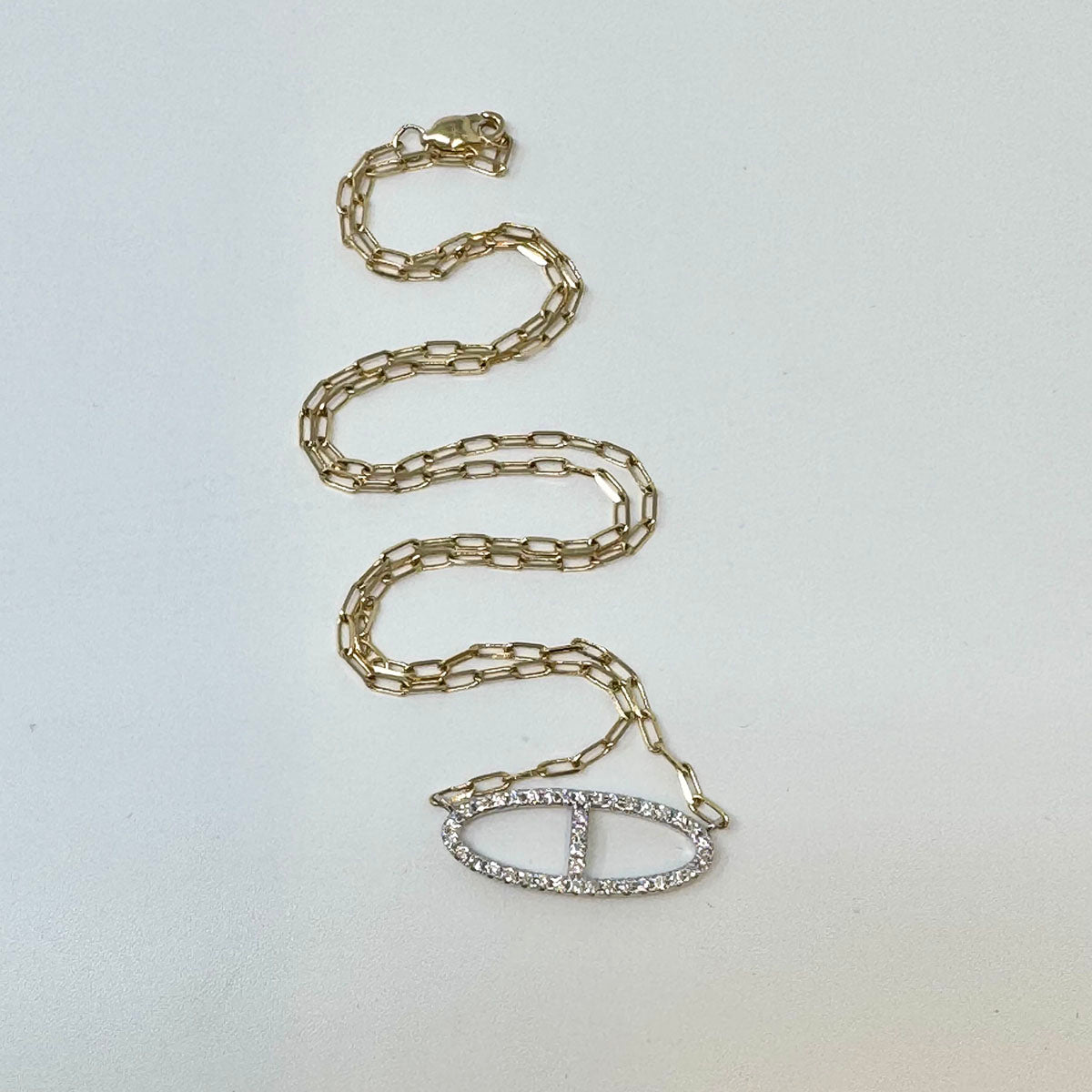 14K Gold Paper Clip Chain Necklace with Diamond Embellished Center Oval