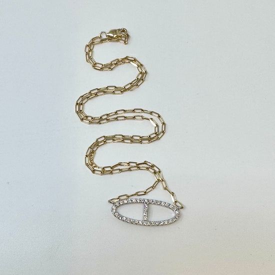 14K Gold Paper Clip Chain Necklace with Diamond Embellished Center Oval