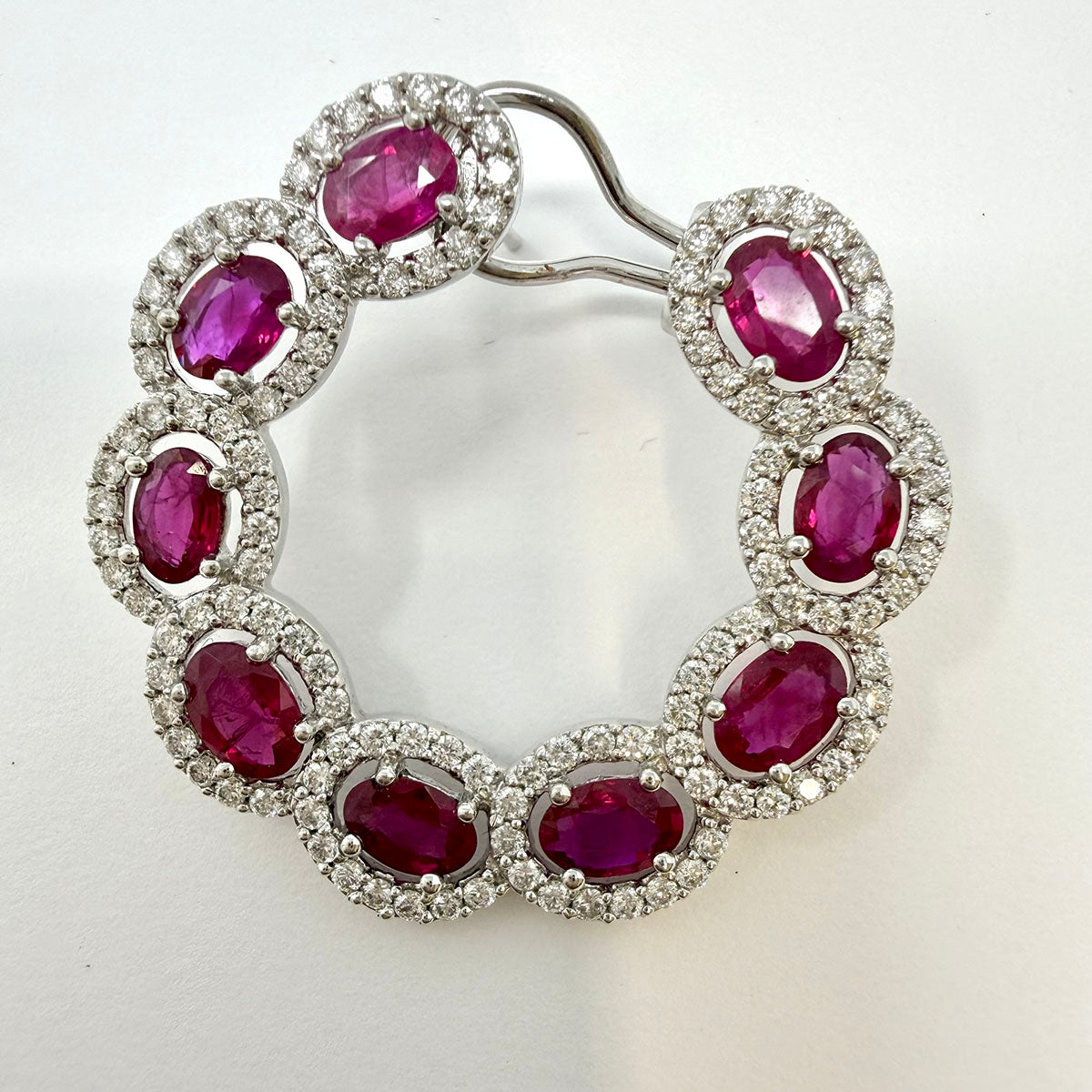Hasbani 18K White Gold Round Earrings with Ruby and Diamonds