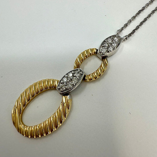 14K White Gold Necklace with Double 14K Yellow Gold Oval Pendant with Diamonds