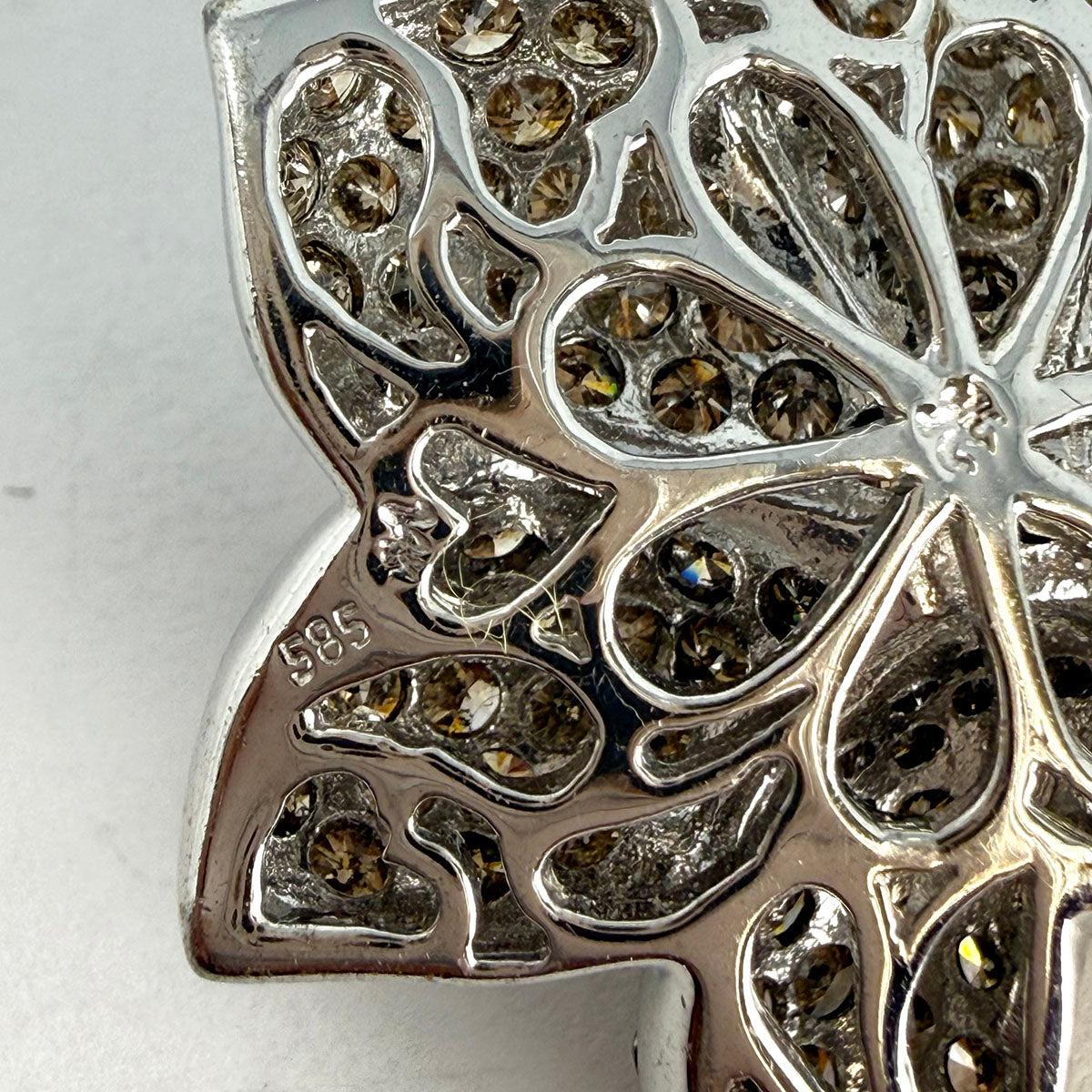 14K White Gold Flower Pin with White and Brown Diamonds