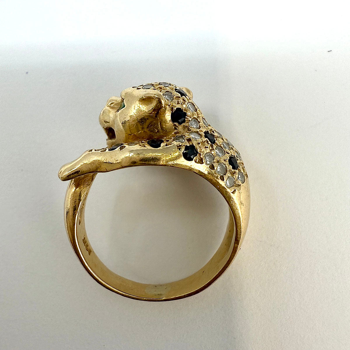 14K Gold Panther Ring with Diamonds, Emerald, Ruby and Sapphire