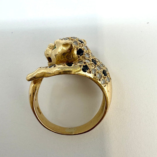 14K Gold Panther Ring with Diamonds, Emerald, Ruby and Sapphire