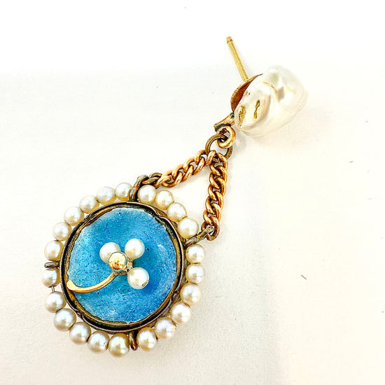 14K Gold Blue Enamel Drop Earrings with Pearls