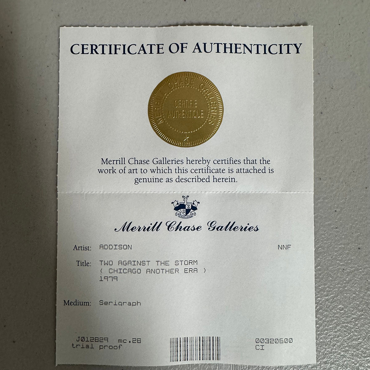 "Two Against The Storm (Chicago Another Era)" 1979 Trial Proof COA Included