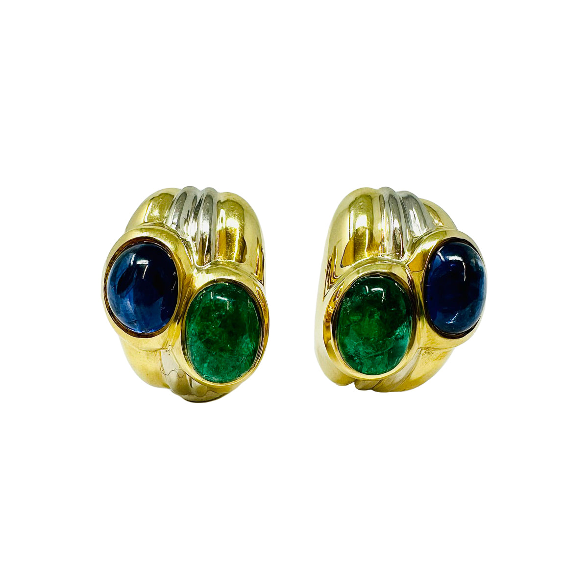 Giovane 18K Yellow and White Gold Ribbed Earrings with Emerald and Sapphire