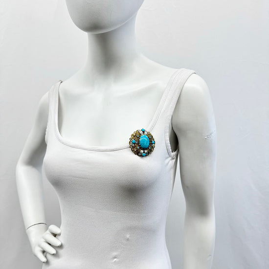 Vintage West German Filigree Brooch Pin with Turquoise GLass Rhinestones
