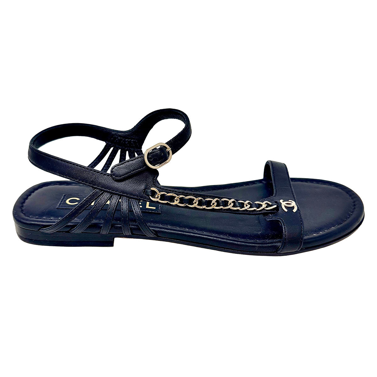 Chanel Interlocking CC Chain Link Accent Flat Sandals