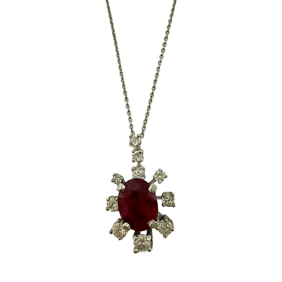 18K White Gold Necklace with Ruby and Diamond Pendant