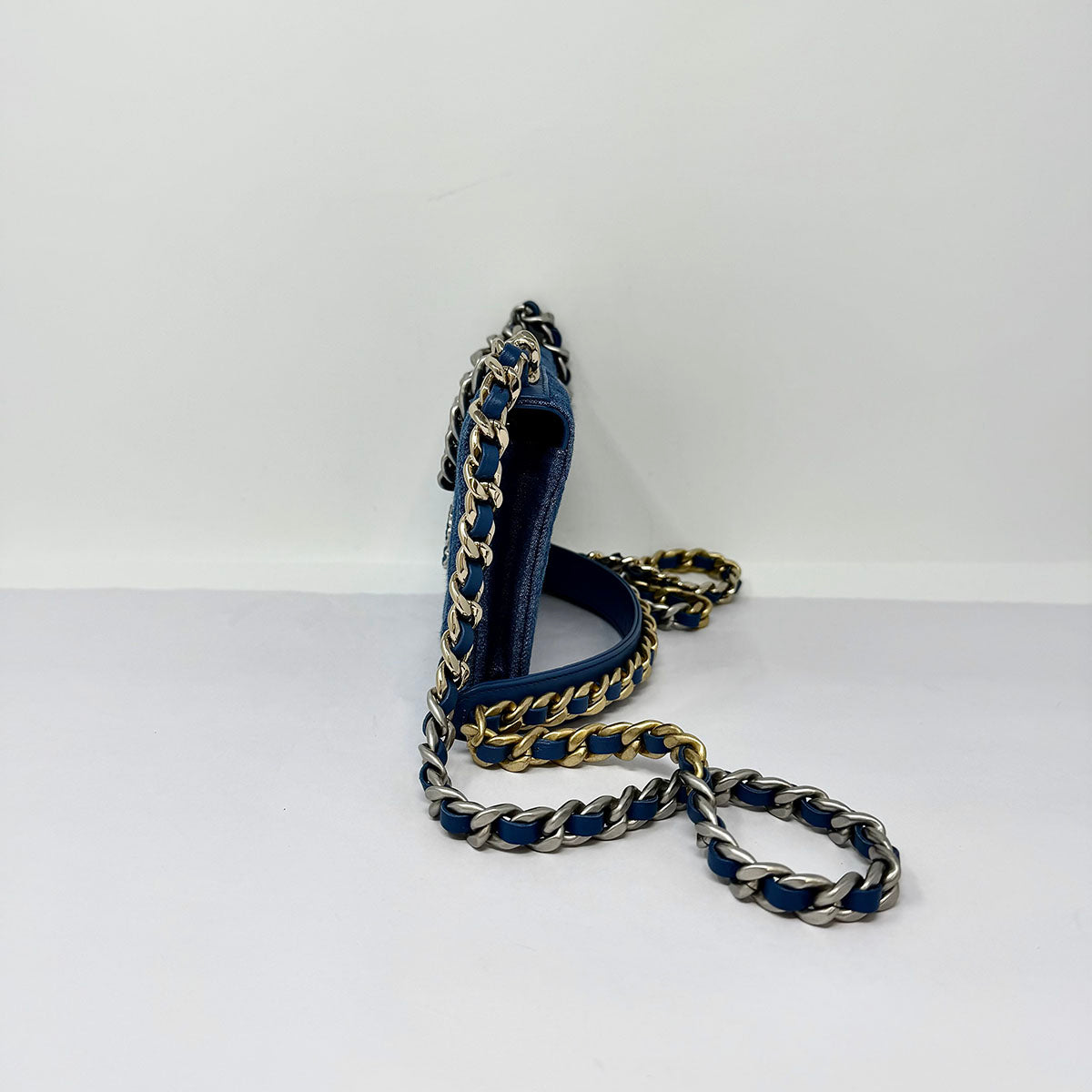 New Chanel 19 Denim Quilted Wallet on the Chain
