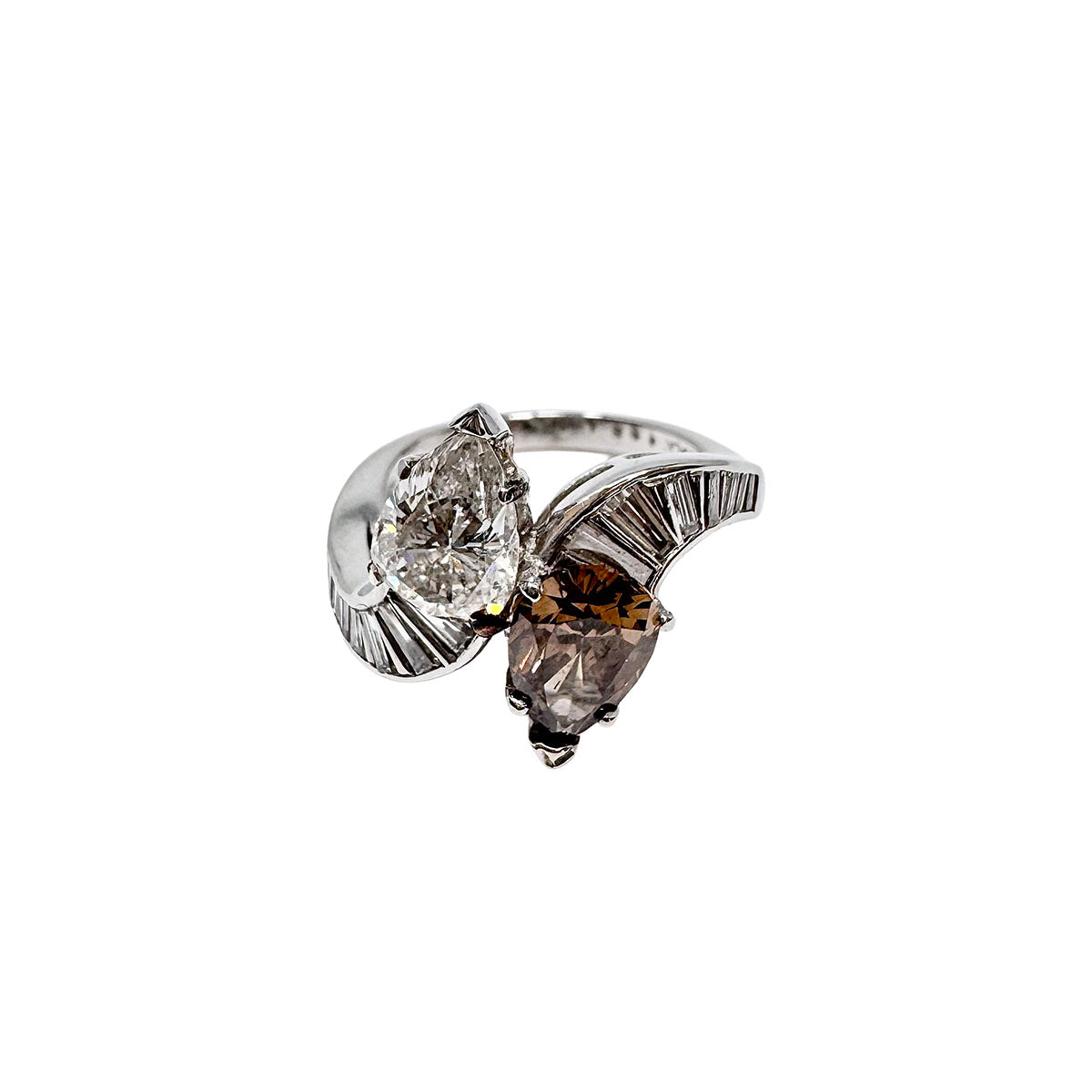 Platinum Twin Diamond Ring with 1.18ct Diamond and 1.17ct Cognac Colored Diamond