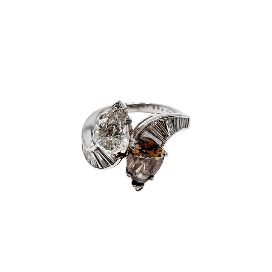 Platinum Twin Diamond Ring with 1.18ct Diamond and 1.17ct Cognac Colored Diamond