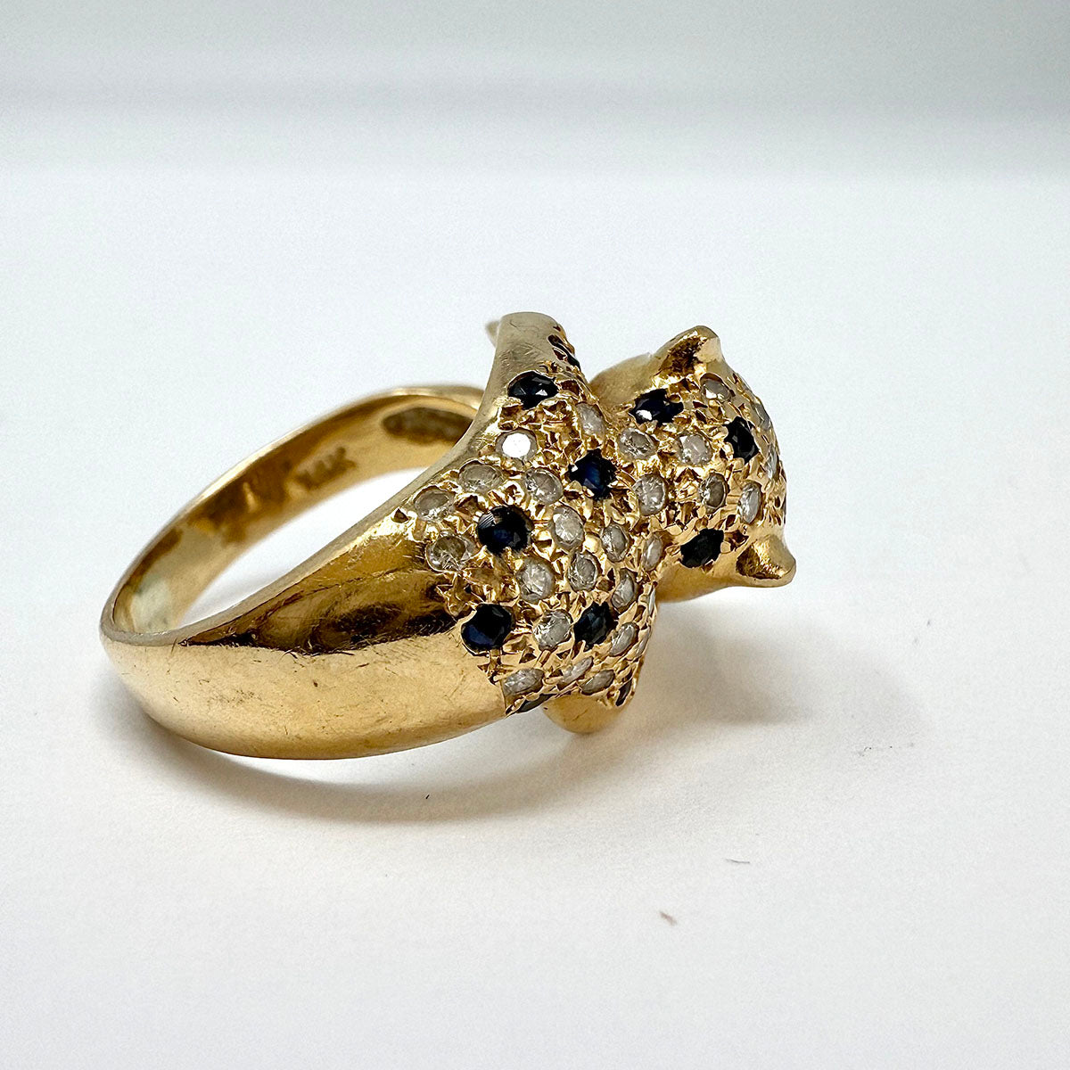 14K Gold Panther Ring with Diamonds, Emerald, Ruby and Sapphire