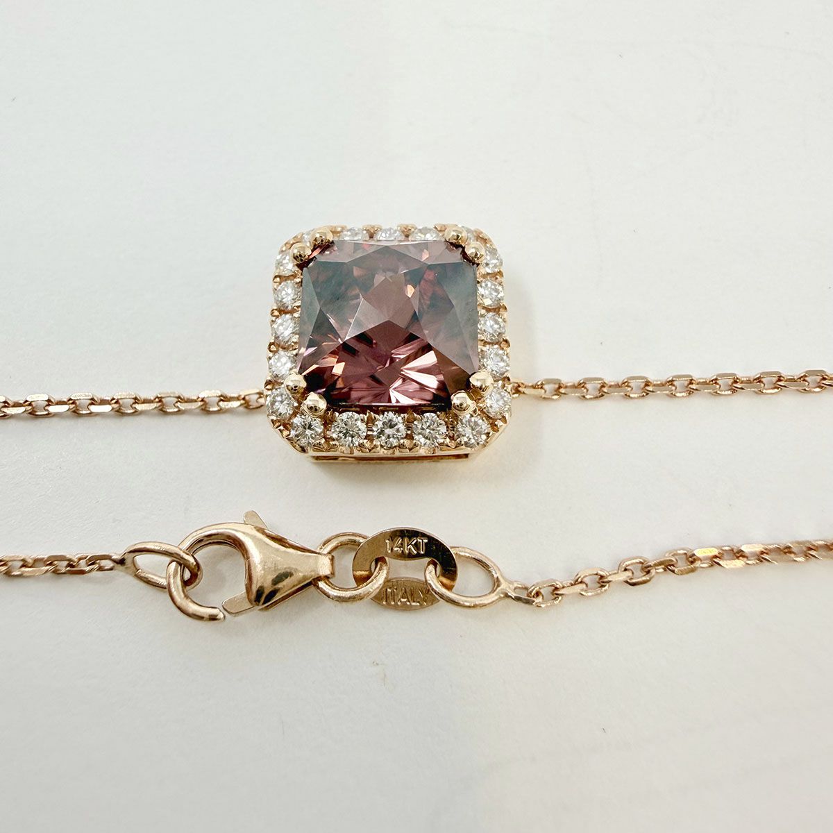 14K Rose Gold Necklace with Pink Tourmaline and Diamond Pendant
