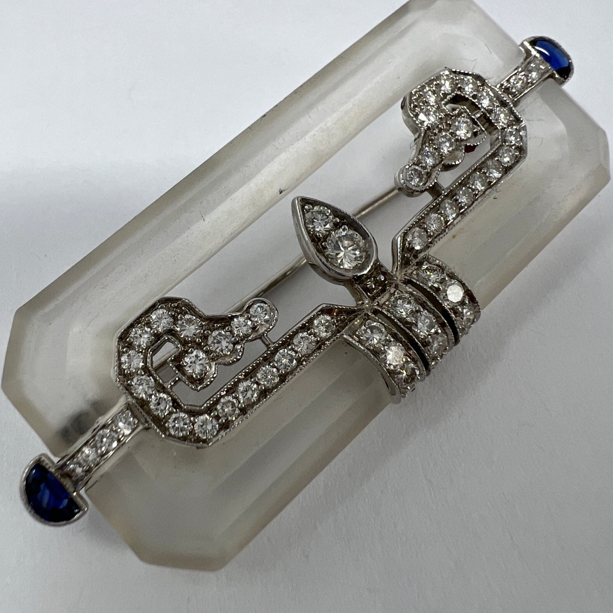 18K White Gold and Crystal Pin with 64 Full Cut Diamonds and Sapphires