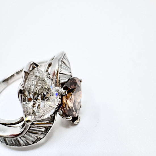 Platinum Twin Diamond Ring with 1.18ct Diamond and 1.17ct Cognac Colored Diamond