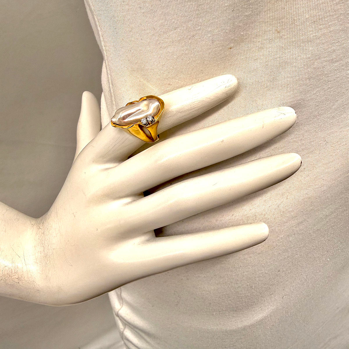 14K Yellow Gold Rudolph Friedman Ring with Elongated Pearl and 2 Diamonds