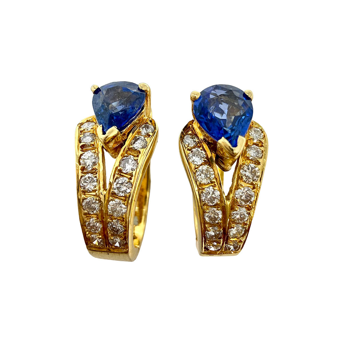 18K Yellow Gold Huggie Earrings With Sapphire and Diamonds