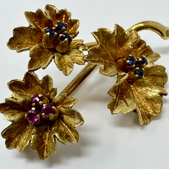 18K Gold 2 Flower Pin with Sapphire and Ruby