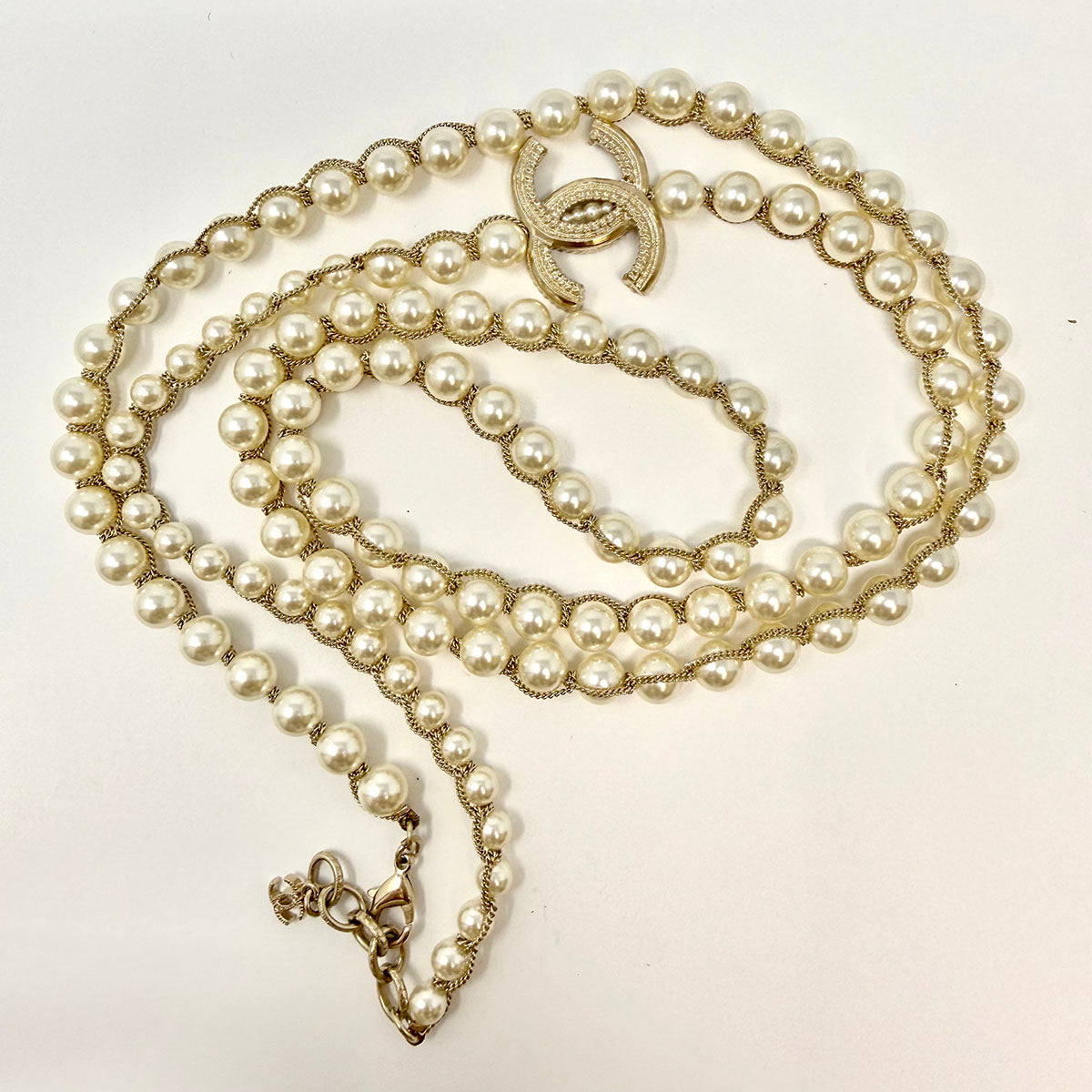 Chanel Long Faux Pearl Necklace with CC Charm