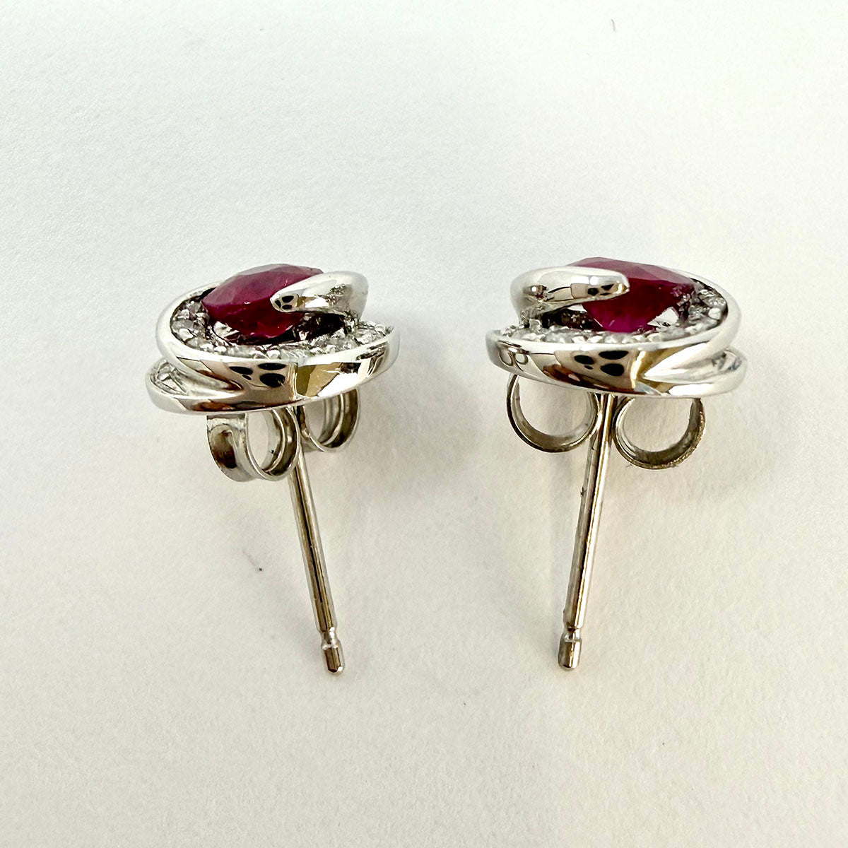 18K White Gold  Ruby and Diamond Swirl Stud Earrings