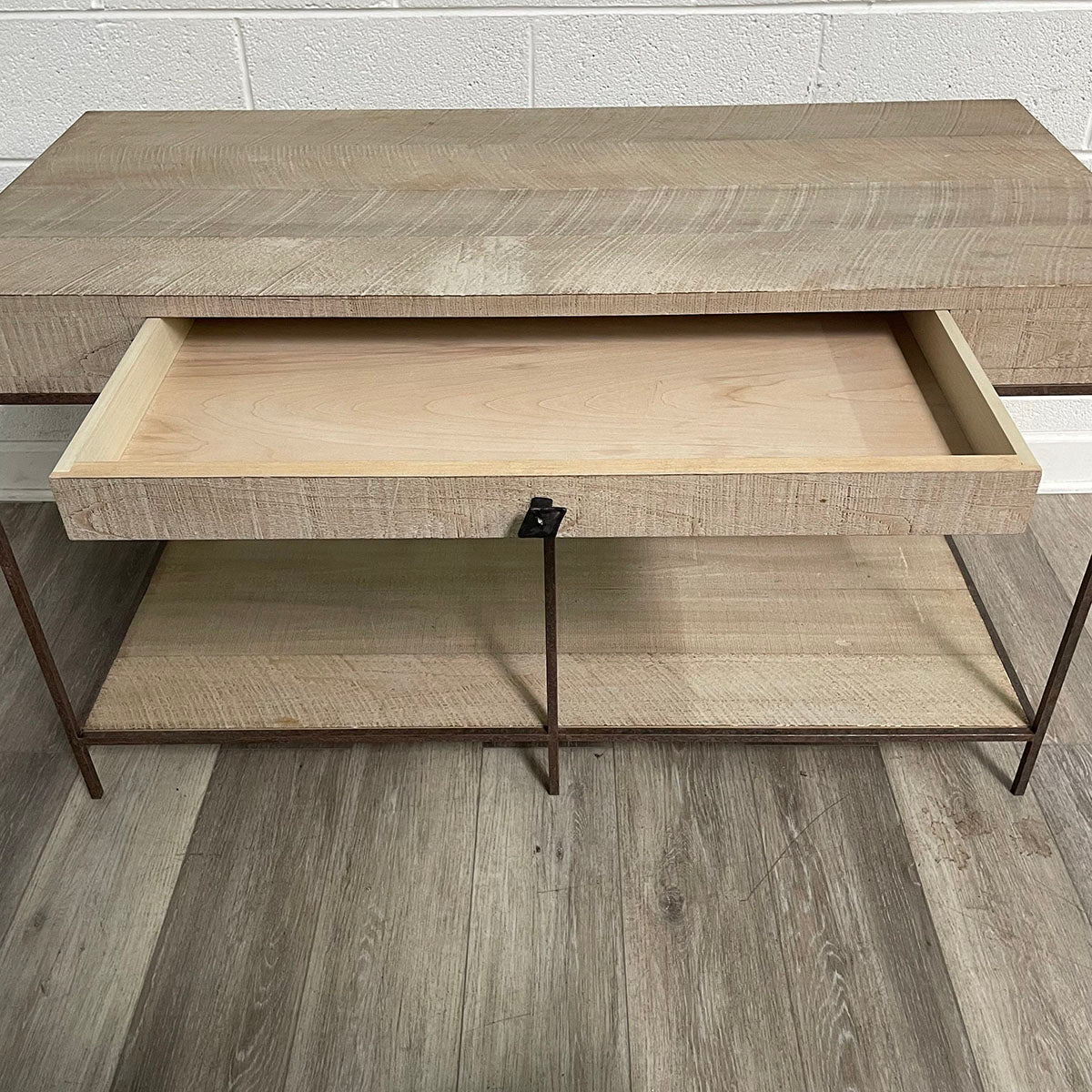 Raw Wooden Nightstand with Iron Base