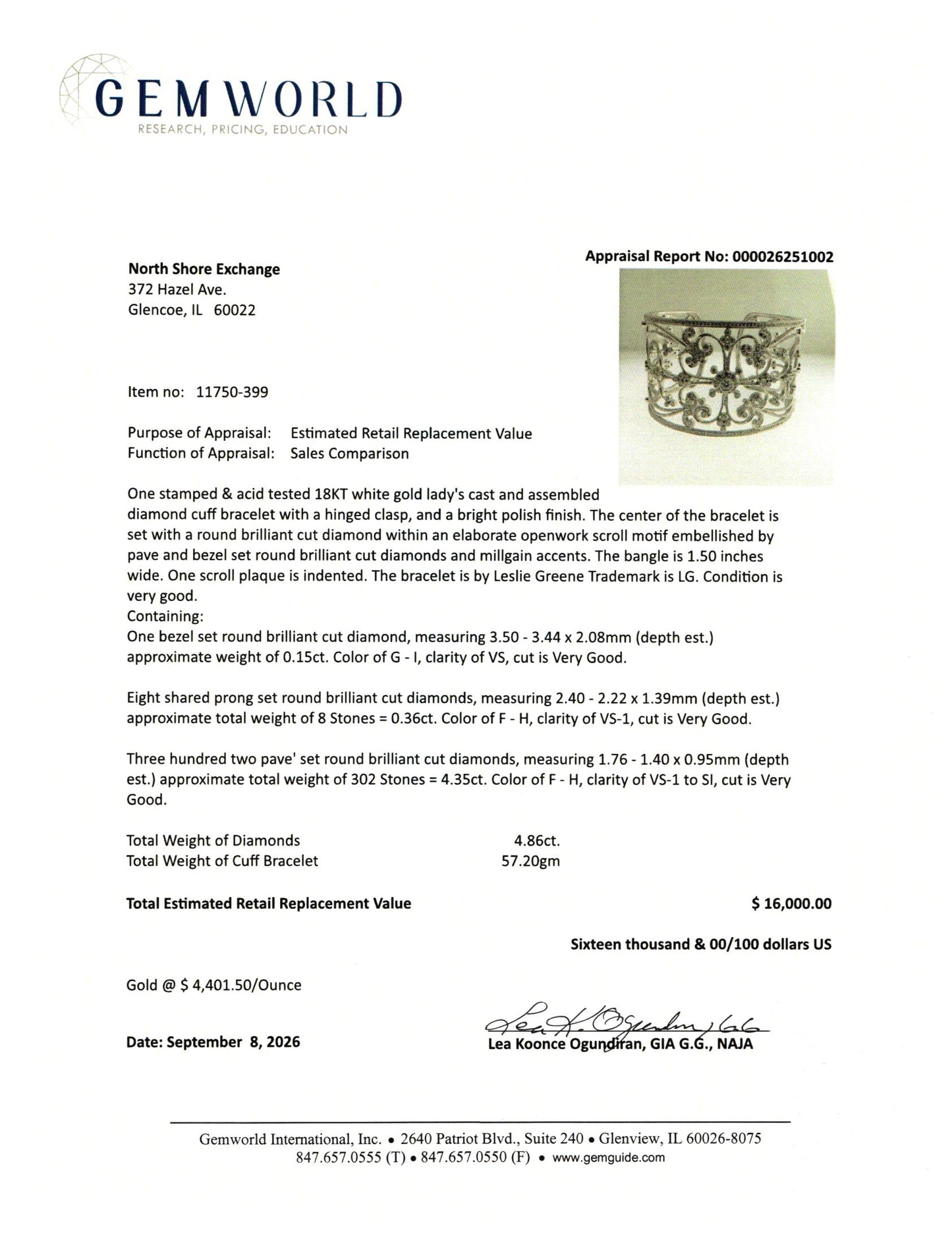 Leslie Greene Wide 18K White Filigree Diamond Cuff Bracelet - appraisal