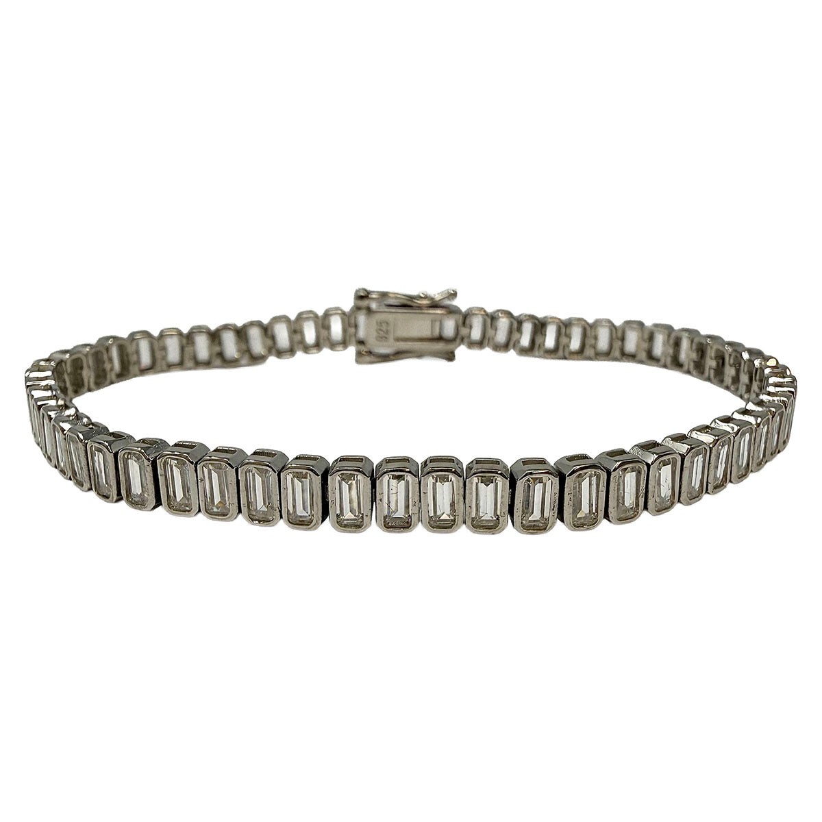 7" Bezel Set Emerald Cut CZ Tennis Bracelet set in Sterling Silver