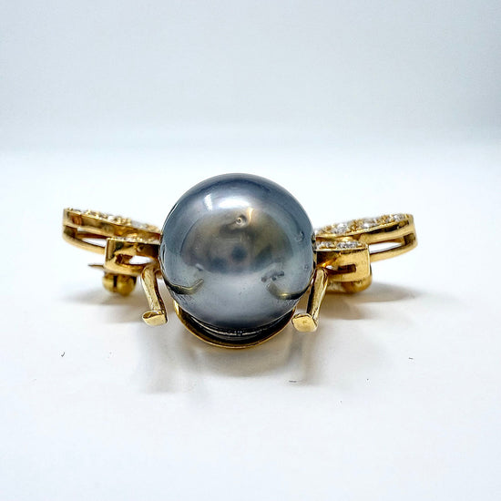 18K Gold Bee Pin with Tahitian Peal, Diamond, Ruby and Tsavorites