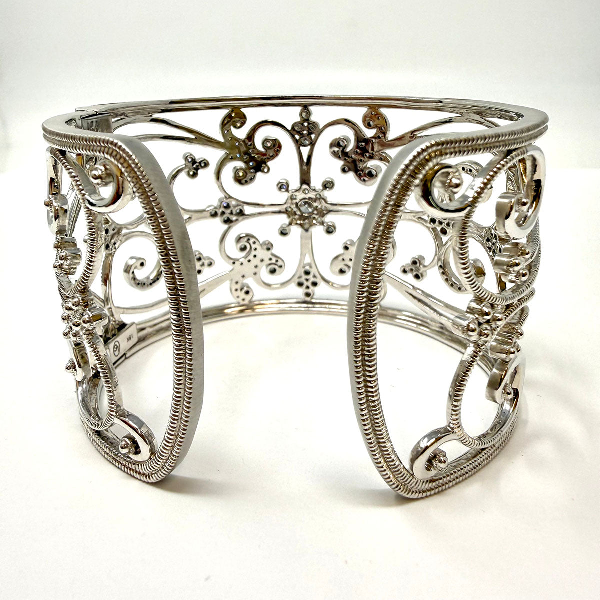 Leslie Greene Wide 18K White Filigree Diamond Cuff Bracelet - appraisal