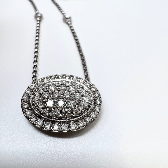 14K White Gold Diamond 18" Necklace with Oval Pave Diamond Pendant