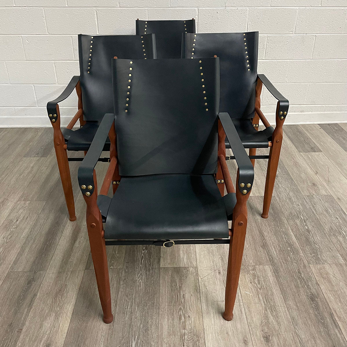 Set of 4  Leather & Wood Safari Lounge Chairs
