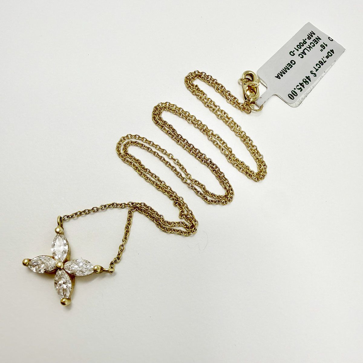 14K Gold Flower Pendant Necklace with 4 Marquise Diamonds