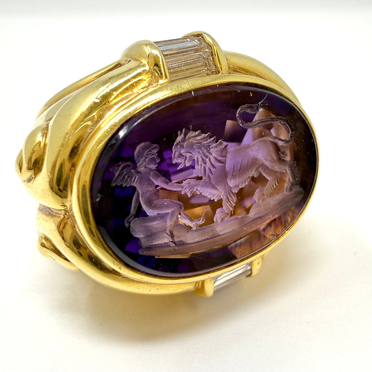Susan Berman 18K Gold Ring with Carved Intaglio Amethyst and Diamonds