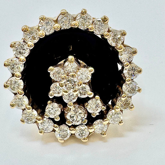 14K Gold Ring with Onyx and 40 Diamonds "Swinger" Ring
