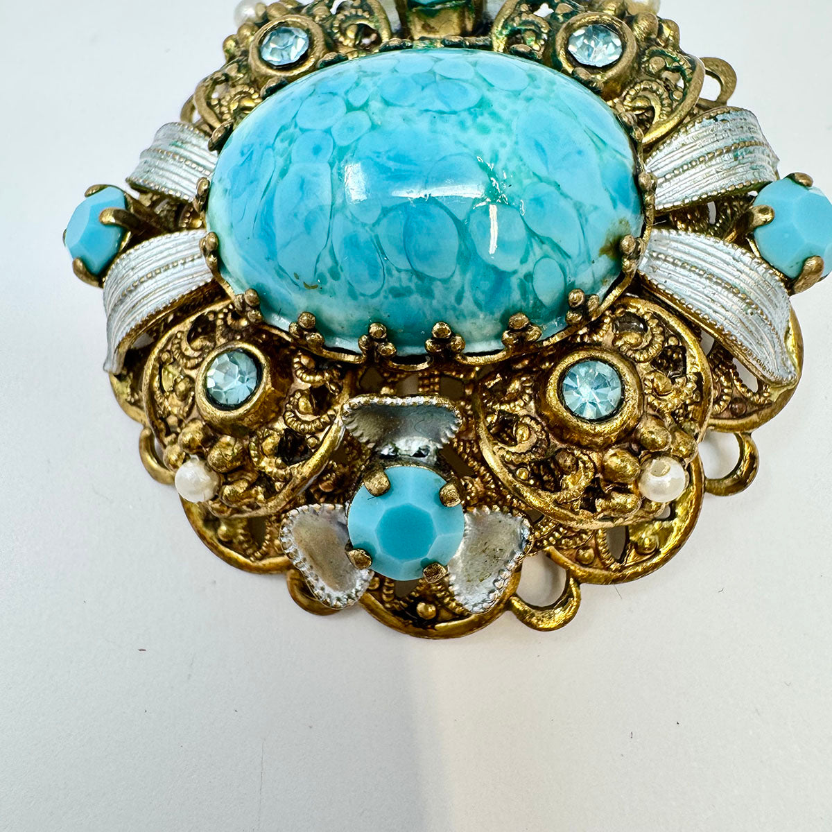 Vintage West German Filigree Brooch Pin with Turquoise GLass Rhinestones