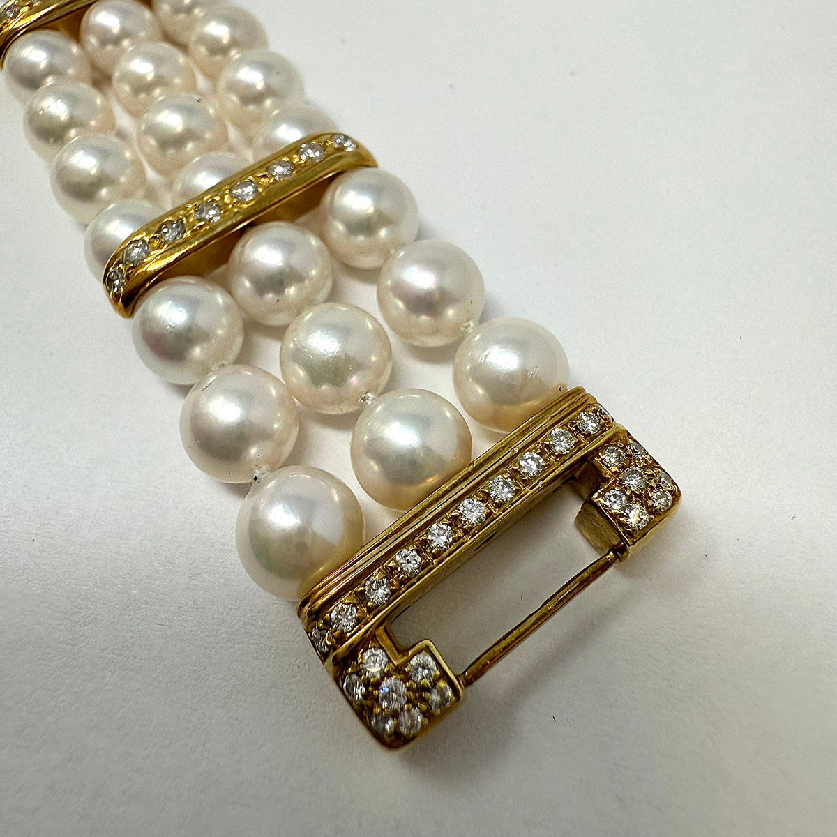 3 Strand Pearl Bracelet with 18K Gold Clasp and Diamonds