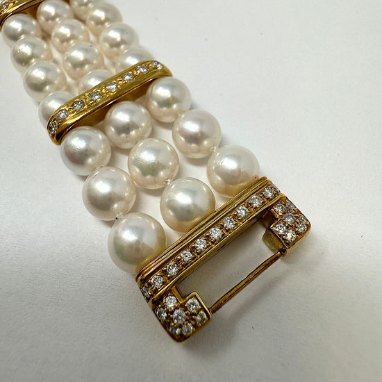 3 Strand Pearl Bracelet with 18K Gold Clasp and Diamonds