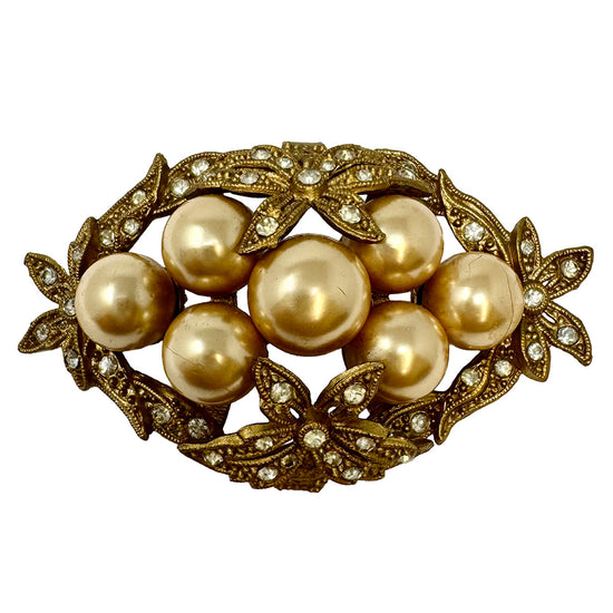 Vintage Gold-tone Filigree Brooch with Gold Faux Pearl