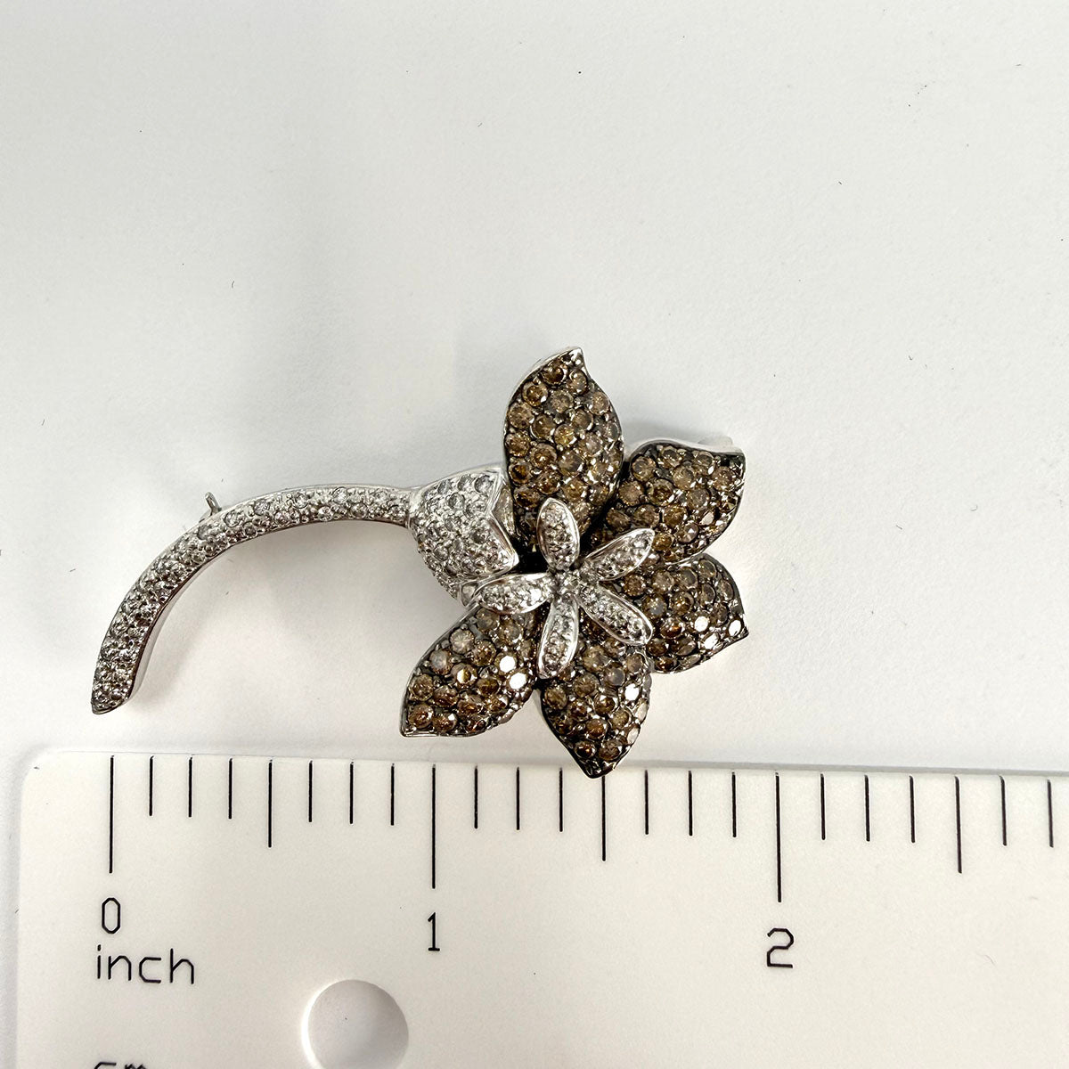 14K White Gold Flower Pin with White and Brown Diamonds
