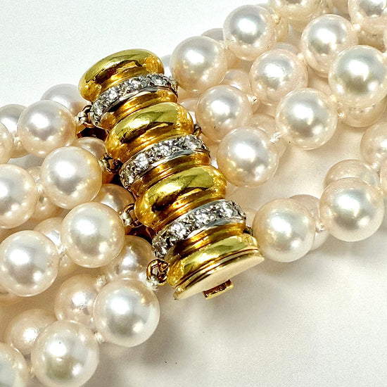 4 Strand Pearl Bracelet with Diamonds and 3 Diamond Bar Divider Bars